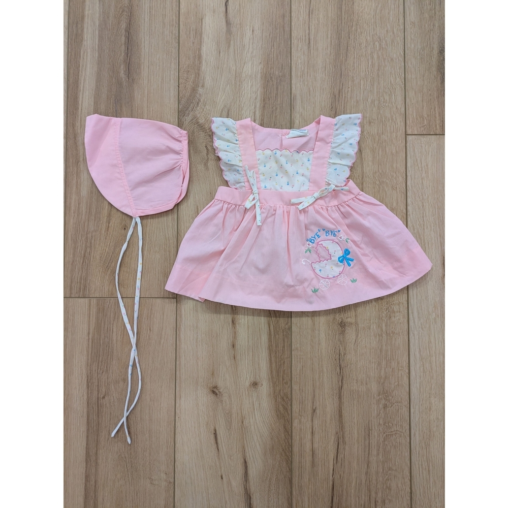 Vintage Pink Cotton Baby Dress with Bonnet